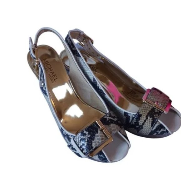 Michael Kors Niki Snake Leather Open Toe Buckle Platform Slingback Heels… - Picture 7 of 13